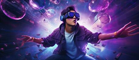 Asian man in VR headset floating in purple cyberpunk neon background playing video game representing Metaverse concept photo