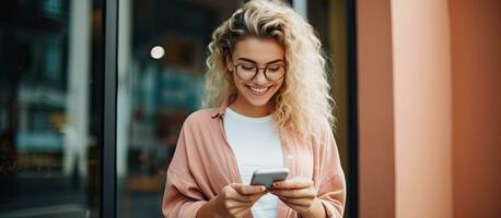 un caucásico mujer es sonriente mientras enviando un mensaje en su teléfono inteligente en frente de un promocional antecedentes ella es un positivo de moda niña blogging en s foto