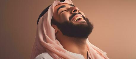 An Arab man well rested waking up smiling and enjoying a pleasant morning in bed photo