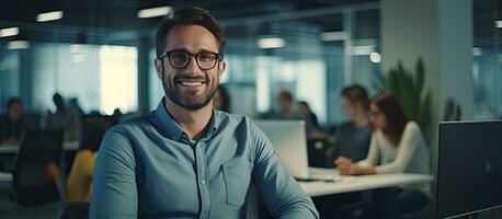 Smiling male software developer at work in office ample space photo