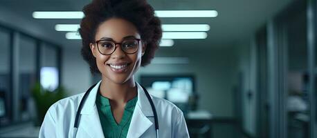 Smiling African American doctor in medical office Health care concept medical insurance Copy space available photo