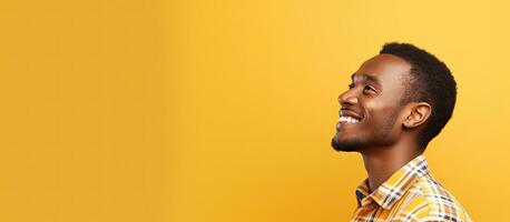 Happy African American man in checkered shirt standing alone looking away in front of yellow background photo