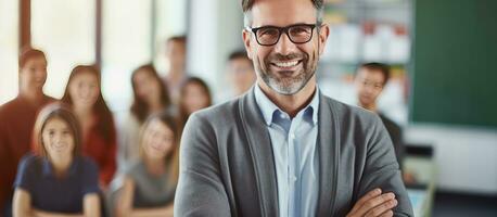 Mature teacher posing happily with students studying photo