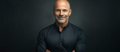 Confident mature bald man with crossed arms smiling waist up portrait photo