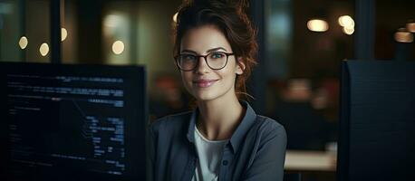 A woman IT developer poses with a smile surrounded by code in an office photo