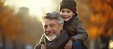 Grandson rides on grandfather s shoulders during park walk photo