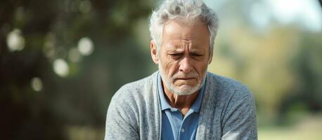 Sad senior man in park with space for copy Portrait depicts stress retirement crisis and health issues photo