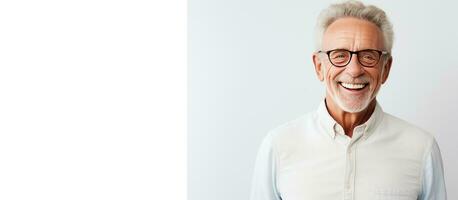 Close up portrait of happy elderly man with glasses on white background with room for text photo