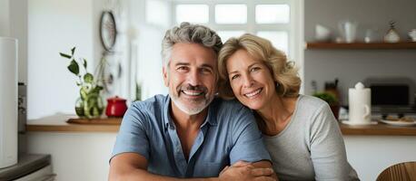 Elderly couple making plans woman hugging husband from behind while he writes in a book man working at home photo