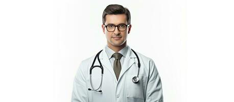 retrato de un médico en blanco Saco lentes y estetoscopio mirando a el cámara en un blanco antecedentes con espacio para texto enfatizando salud foto