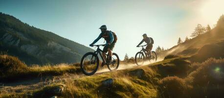 Three friends on electric bicycles enjoying a scenic ride through beautiful mountains photo