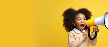 African American girl shouting sharing news with copy space on yellow studio background photo