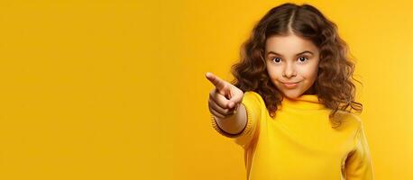 Teenage girl pointing to ads isolated on yellow background with copy space for mock up photo