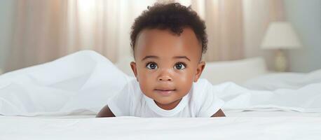 African American baby in bodysuit crawling on bed with selective focus photo