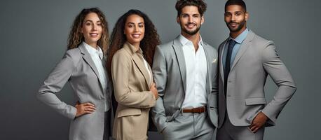 Four young professionals from different backgrounds pose near a grey wall for an ad about the new concept of a diverse workforce photo