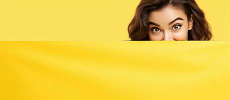 A joyous young woman glances out from behind a white banner against a yellow background with space for text photo