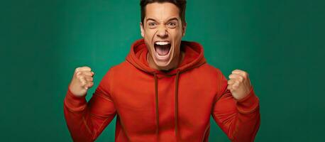 Brunet man in his 20s wearing a red t shirt and green jacket celebrates with a winner gesture isolated on an orange background photo