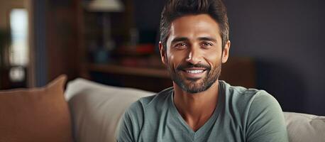 Cheerful middle aged man in casual attire sitting on sofa smiling and looking at camera photo