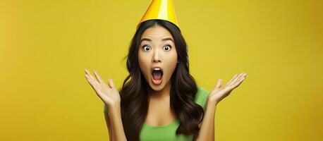 Surprised Asian woman in green shirt celebrating blowing into a pipe with hands spread against yellow background photo