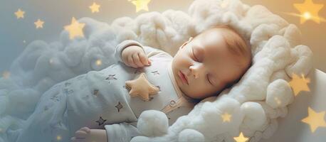 Text space above view for adorable sleeping baby with pacifier in crib photo