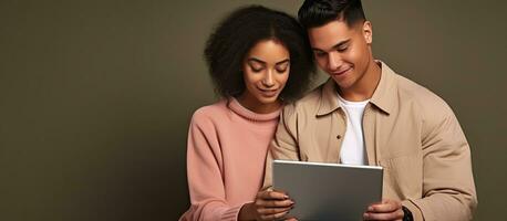 multirracial Pareja utilizando tableta para en línea bancario foto