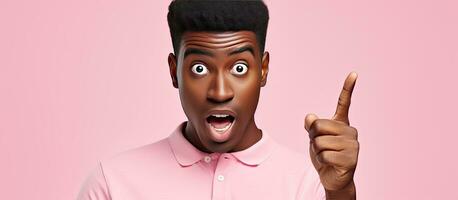 Astonished African American man pointing at empty space expressing surprise and excitement while advertising on pink isolated background photo