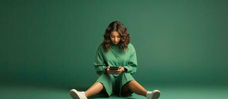Stylish girl in green clothes using smartphone sitting on floor resting on yellow background holding phone and looking aside photo