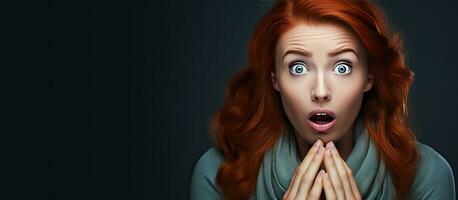 A redhead woman covering her mouth looks excitedly at the camera in a dark studio background photo