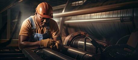 An African American engineer selects copper tube while working in a coolant factory with copy space available photo