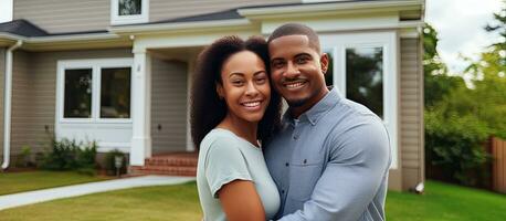 An ethnically diverse couple proudly poses in front of their new home holding house keys photo