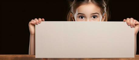 Blank white banner held by young girl on brown background Copy space photo
