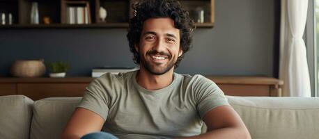 Cheerful middle aged man in casual attire sitting on sofa smiling and looking at camera photo