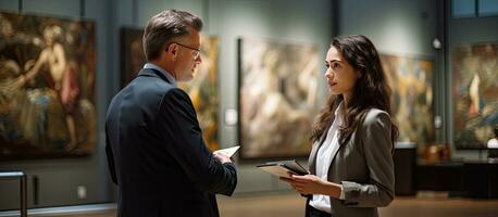 Art gallery manager consulting female expert during museum exhibition photo