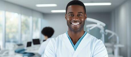 Young black dentist posing for dental clinic banner with copy space photo