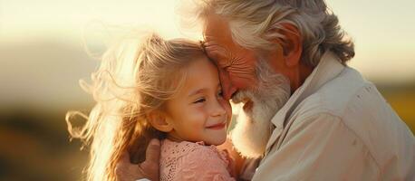 joven niña abraza su abuelo mientras caminando al aire libre en el verano simbolizando un cerca tejer familia foto
