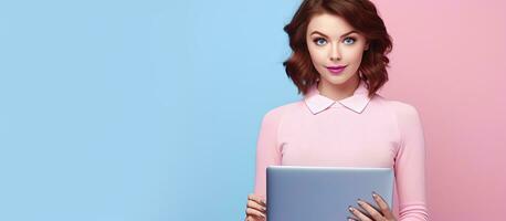 Studio photo of a female student holding a laptop against a pink background