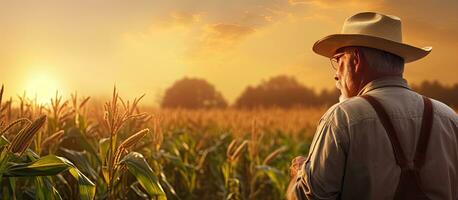 Farmer inspecting corn field at sunset with empty area photo