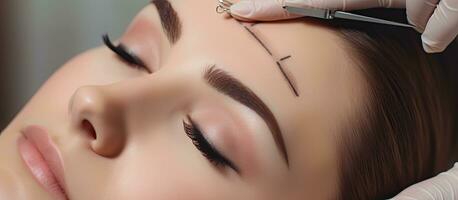 Cosmetologist measures eyebrow proportions with ruler during micropigmentation in salon photo