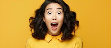 Asian woman smiling with excitement expressing joy and showcasing a product with expressive facial expressions isolated on yellow background photo