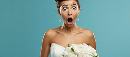 Surprised young woman in wedding attire holding keys covering mouth with hand isolated on blue background Wedding ceremony concept photo