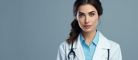 Serious female doctor in medical uniform close up light background copy space photo