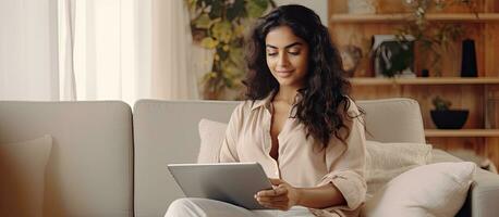 Indian woman working remotely from home on laptop mockup for website design Lady studying online indoors with portable pc free space photo