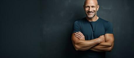 Confident mature bald man with crossed arms smiling waist up portrait photo