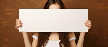 White copy space board with beautiful young girl against brown background photo