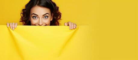 A joyous young woman glances out from behind a white banner against a yellow background with space for text photo
