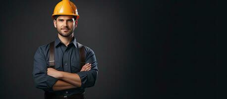 Young engineer posing with arms crossed in front of a background wearing a hard hat safety helmet and waistcoat photo