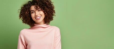 Curly woman in green sweater smiles happily standing alone on pink background photo