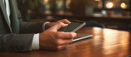 Man using smartphone businessman working on cell phone student typing on phone at desk light flare photo