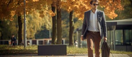 Young businessman strolling near office complex in fall in casual attire photo