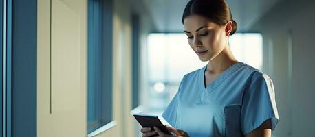 Digital tablet being used by a nurse with ample room for text photo